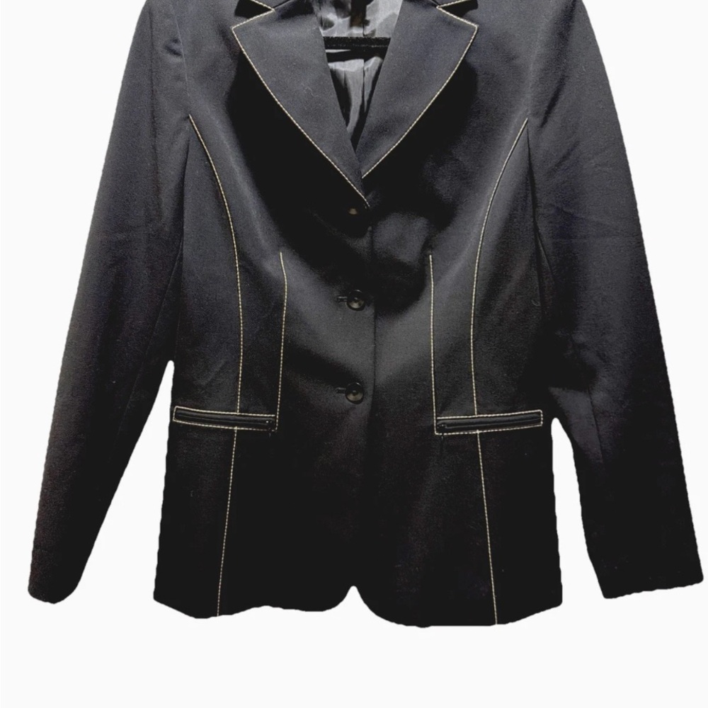 Caslon Black Lined Blazer W/White Contrast Stitching 3 Button Front Zip Pockets